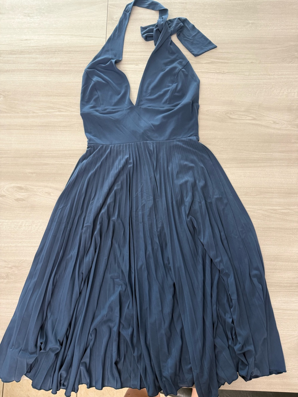 Max & Cleo Navy Blue Strapless Pleated Halter Dress